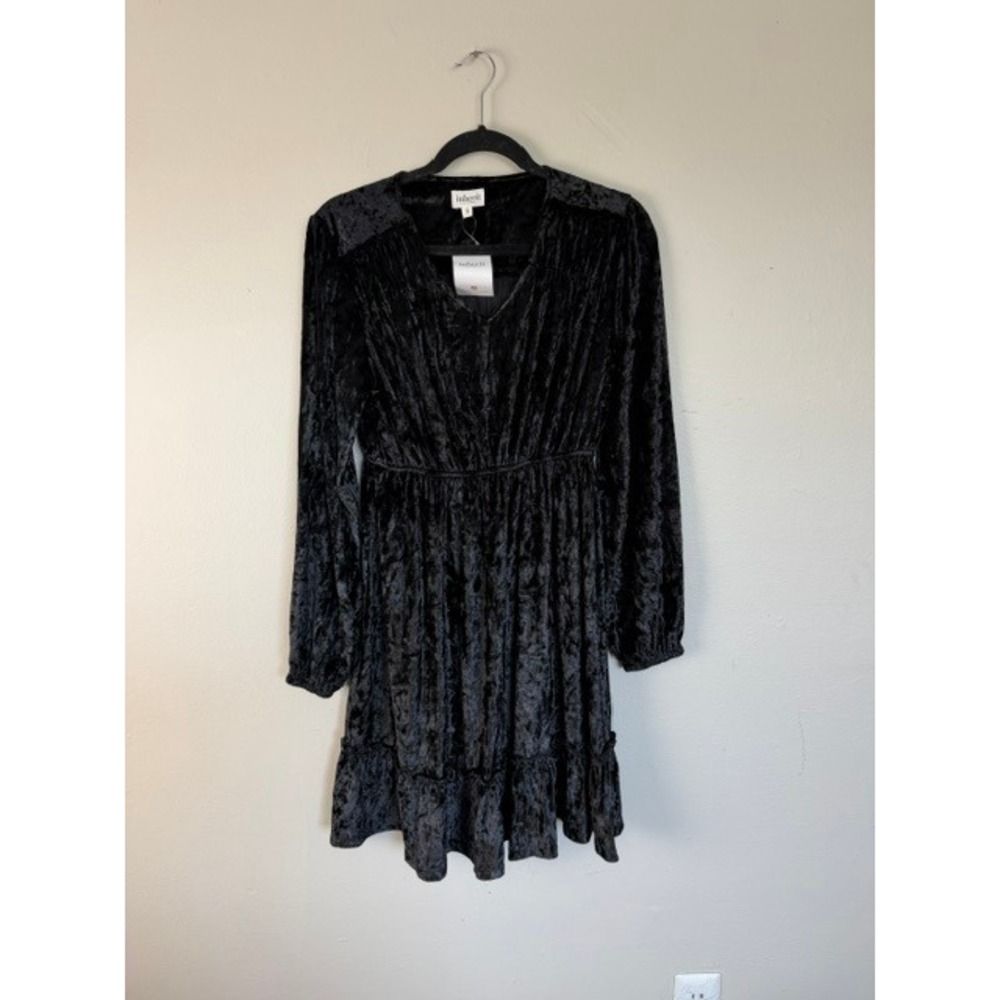 Inherit Clothing Co Black Crushed Velvet V-Neck Tiered Mini Dress Small NWT